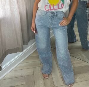 NWT Monday Custom Made Rainbow Swarovski Crystal Light Blue Denim Size Large